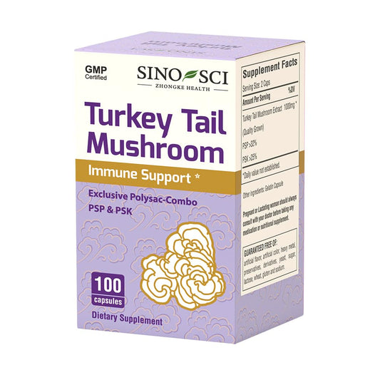 Sino-Sci Turkey Tail bottle closeup showing capsules for easy daily supplementation.