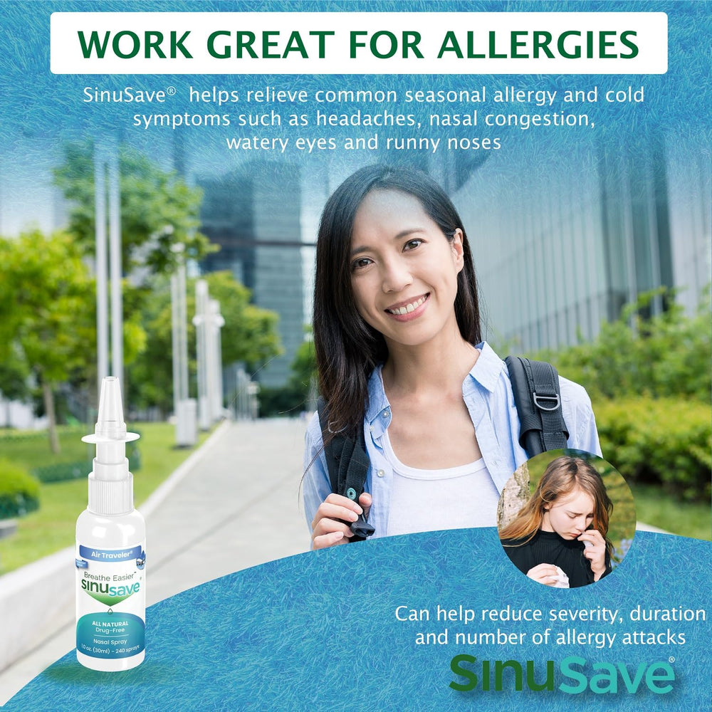 Sinusave Air Traveler packaging box showing drug-free nasal relief