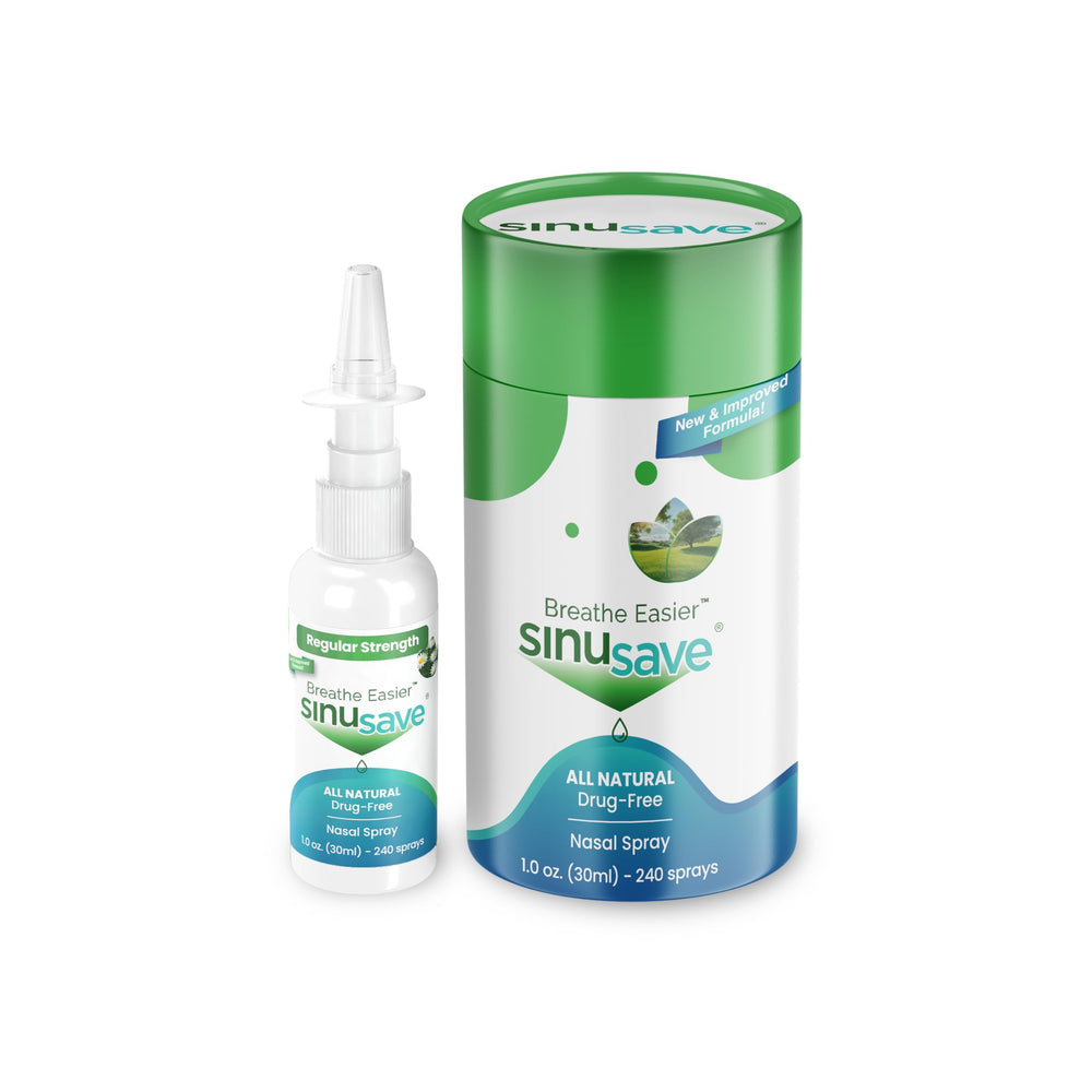 Sinusave regular strength bottle pour showing easy flow for fast, non-drowsy nasal relief