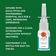 Sinusol plant-based oil blend highlights eucalyptus and menthol ingredients for a natural aroma