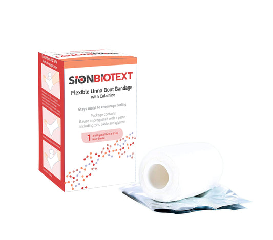 Sion Biotext Unna Boot cotton bandage shows gentle compression for wound care