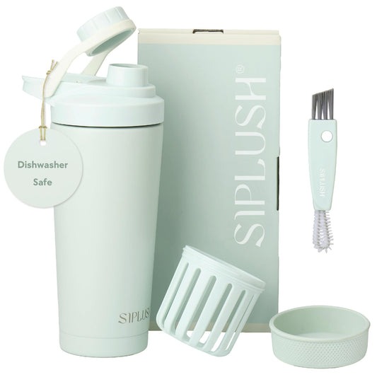 SIPLUSH Paradise Shaker Bottle front view in sage green with ergonomic handle for hydration