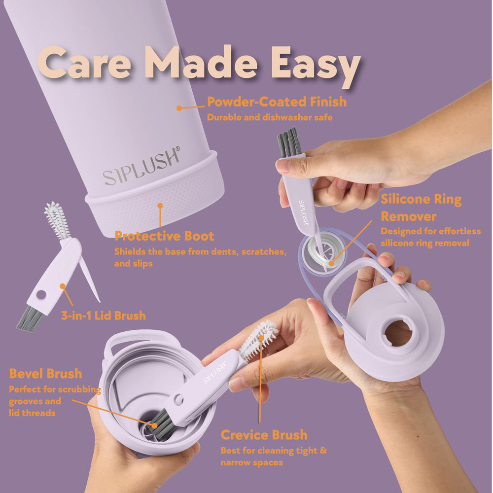 SIPLUSH includes a 3-in-1 lid brush for cleanup.