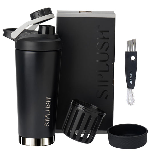 SIPLUSH Paradise Shaker bottle with onyx silver finish for on-the-go hydration.