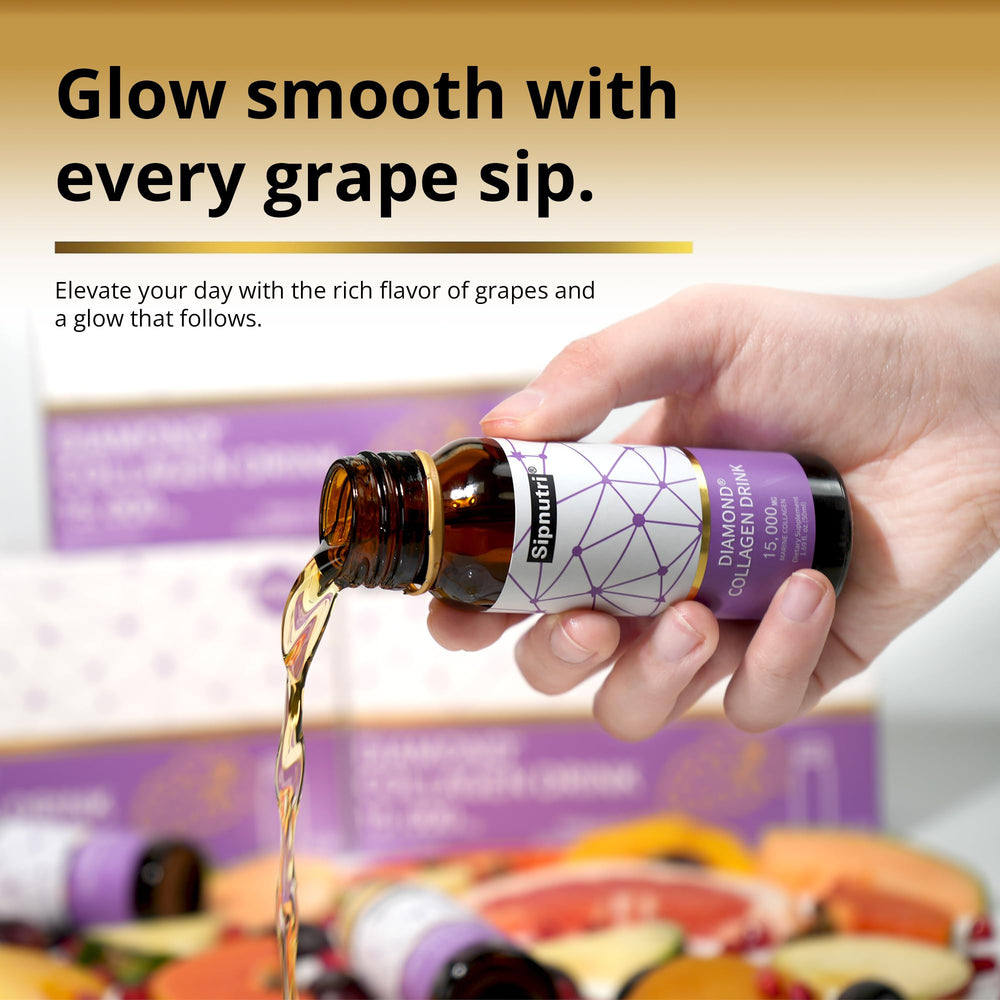 Sipnutri Diamond Collagen bottle pour highlights refreshing grape flavor and daily ease.