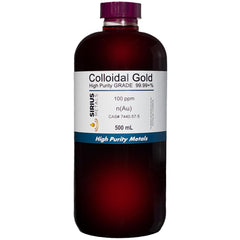 Sirius Metals true colloidal gold 500 ml bottle showing clarity and purity for lab use