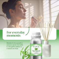 Siva Tea Tree Oil bottle close-up, preservative-free and not tested on animals.