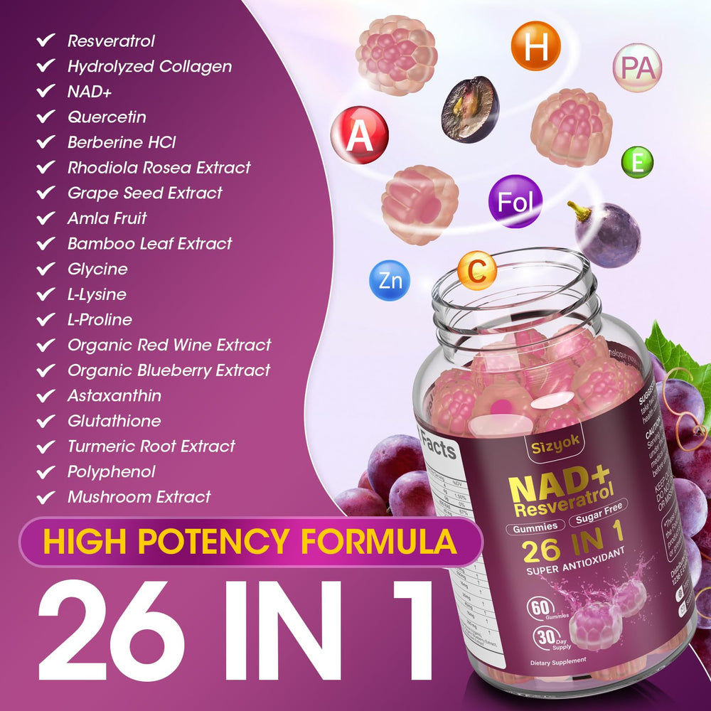 Sizyok NAD Resveratrol Gummies ingredients highlight collagen and grape seed