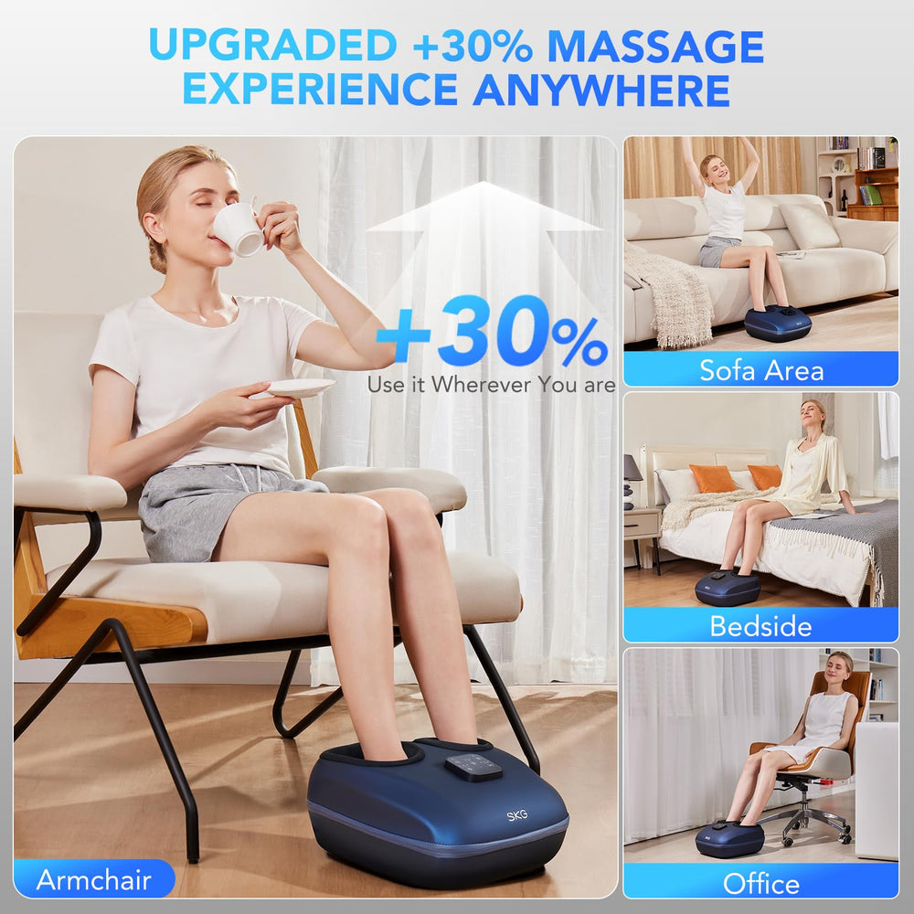 Close-up of heat function on SKG massager warming feet for comfort.