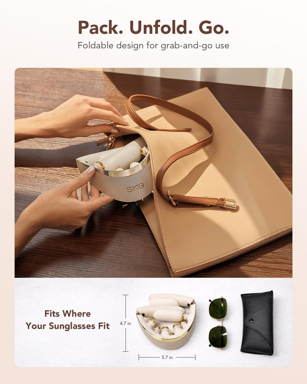 SKG foldable neck massager design folded for easy storage and travel.