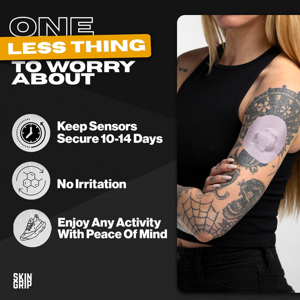 Skin Grip patch demonstrates 4-way stretch for secure CGM adhesion.