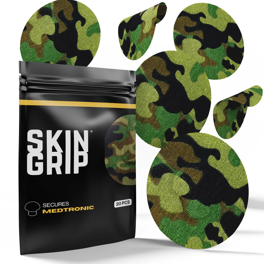 Skin Grip CGM patch camo closeup demonstrates secure fit for active wear and confidence