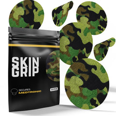 Skin Grip CGM patch camo closeup demonstrates secure fit for active wear and confidence