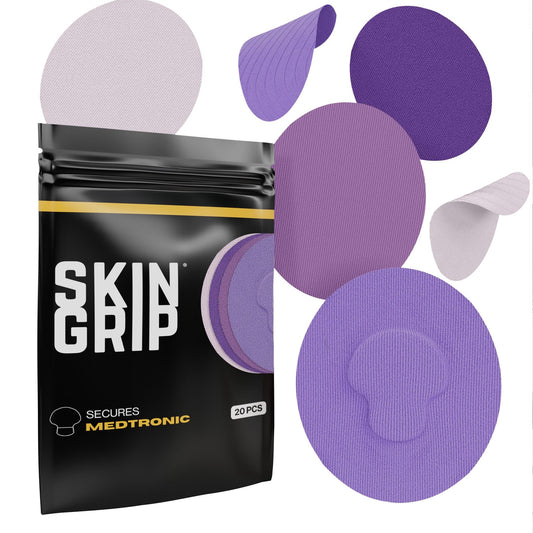 Skin Grip CGM patch on Medtronic Guardian in purple, secure fit during daily activities.