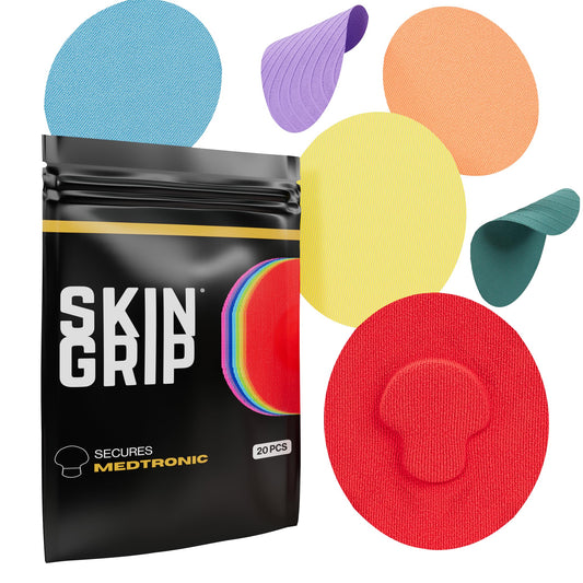 Skin Grip Rainbow Pack CGM patch closeup shows color varieties for comfortable wear