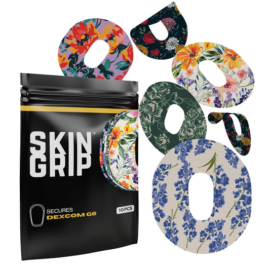 Skin Grip Dexcom G6 patch with cutout for secure CGM placement during daily activities.