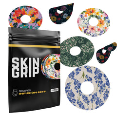 Skin Grip floral patch on skin for secure CGM wear during daily activities.