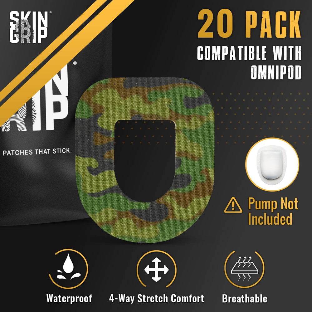 Skin Grip Insulet Patch camouflage design blends with skin for discreet wear.