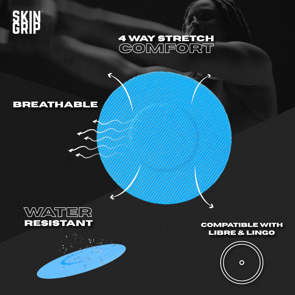 Skin Grip Lingo CGM patch applied on skin for reliable adhesion during activity.