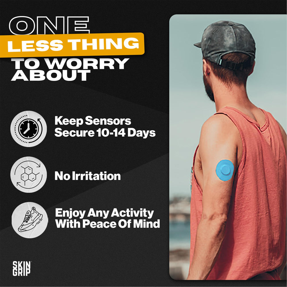 Skin Grip waterproof and sweatproof CGM adhesive protects patch during workouts.