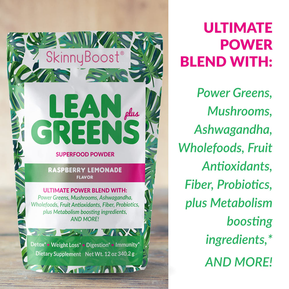 SkinnyBoost Lean Greens Plus green tea and mushroom blend ingredients.