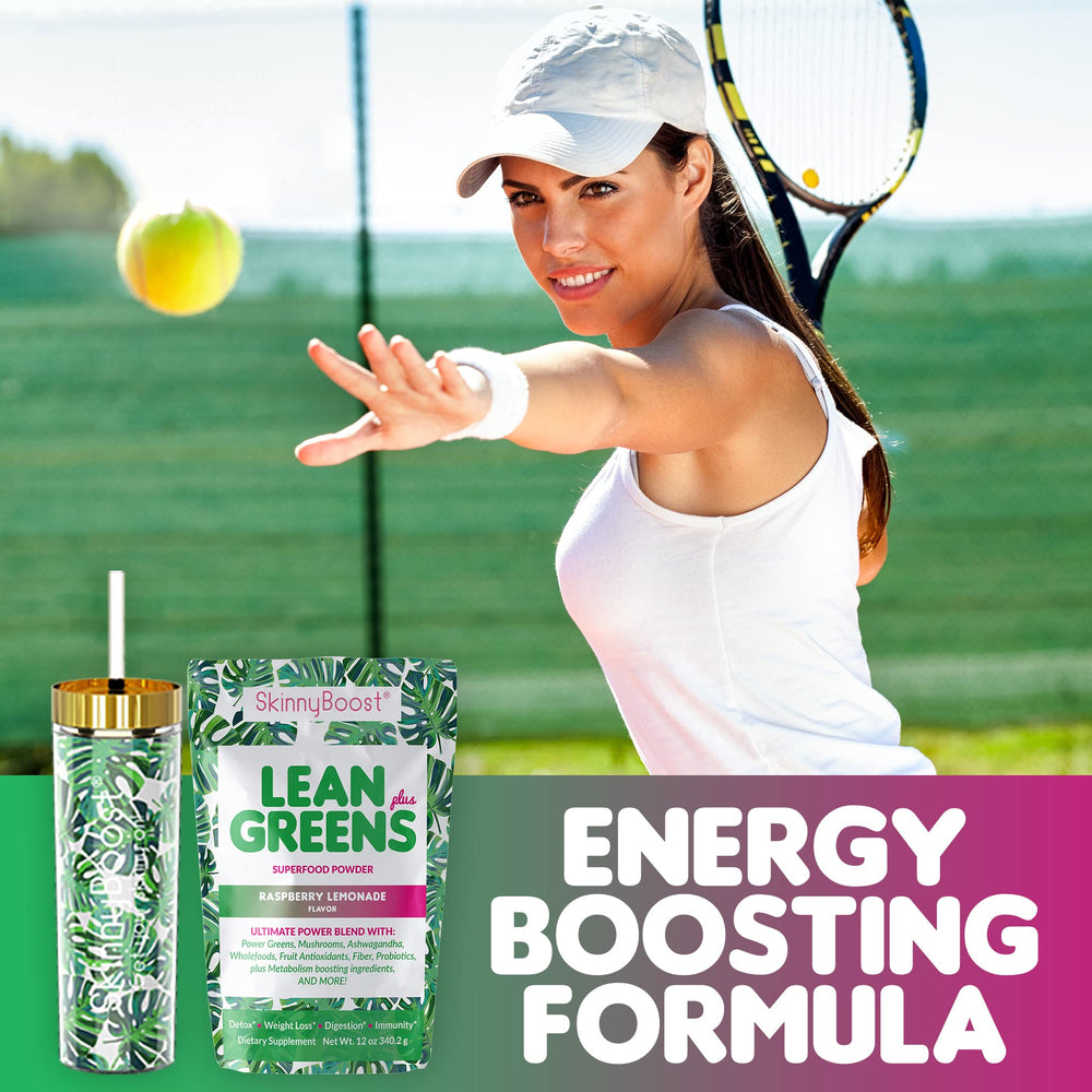 SkinnyBoost Lean Greens Plus raspberry lemonade powder in a scoop.