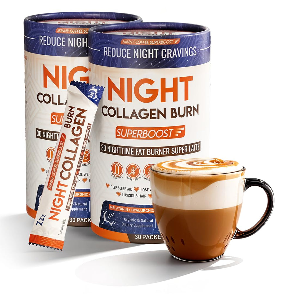 Skinny Coffee SuperBoost Night Collagen Burn bottle with sleep-friendly blend