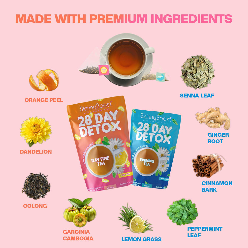 SkinnyBoost evening tea lemon honey flavor in a glass cup