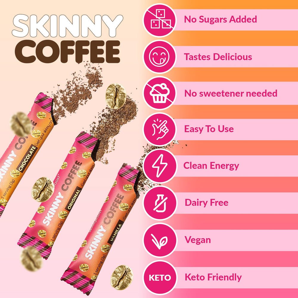 Tub and packets of SkinnyBoost vanilla coffee sticks in a consumer-friendly display