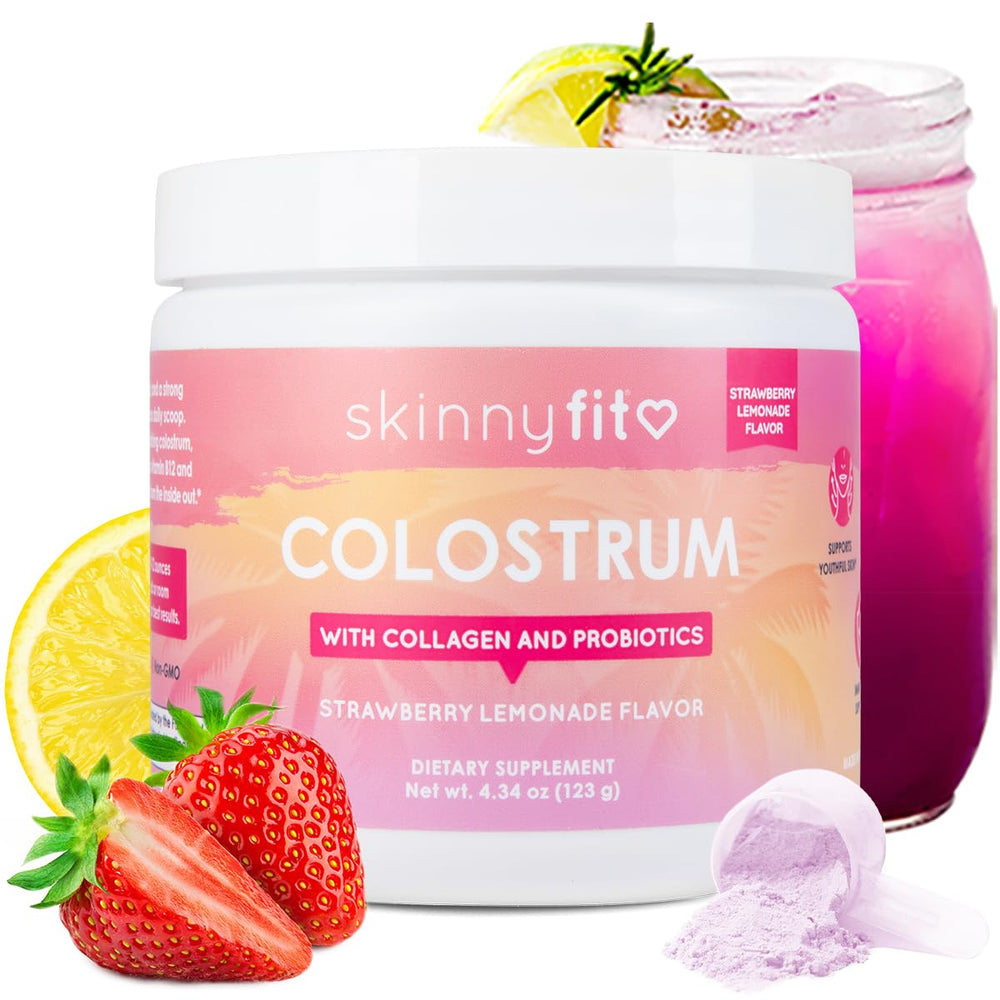 SkinnyFit Colostrum Powder Strawberry Lemonade bottle shows the flavor and daily immunity support.