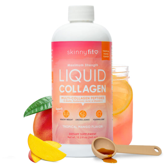 SkinnyFit Liquid Collagen Tropical Mango bottle pour for easy daily use and skin support