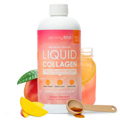 SkinnyFit Liquid Collagen Tropical Mango bottle pour for easy daily use and skin support