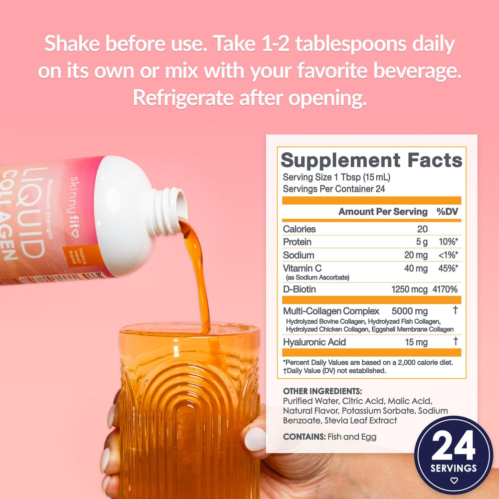SkinnyFit Liquid Collagen Tropical Mango packaging display suggests premium quality