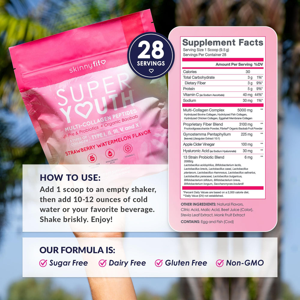 SkinnyFit Super Youth poured strawberry watermelon drink in glass.