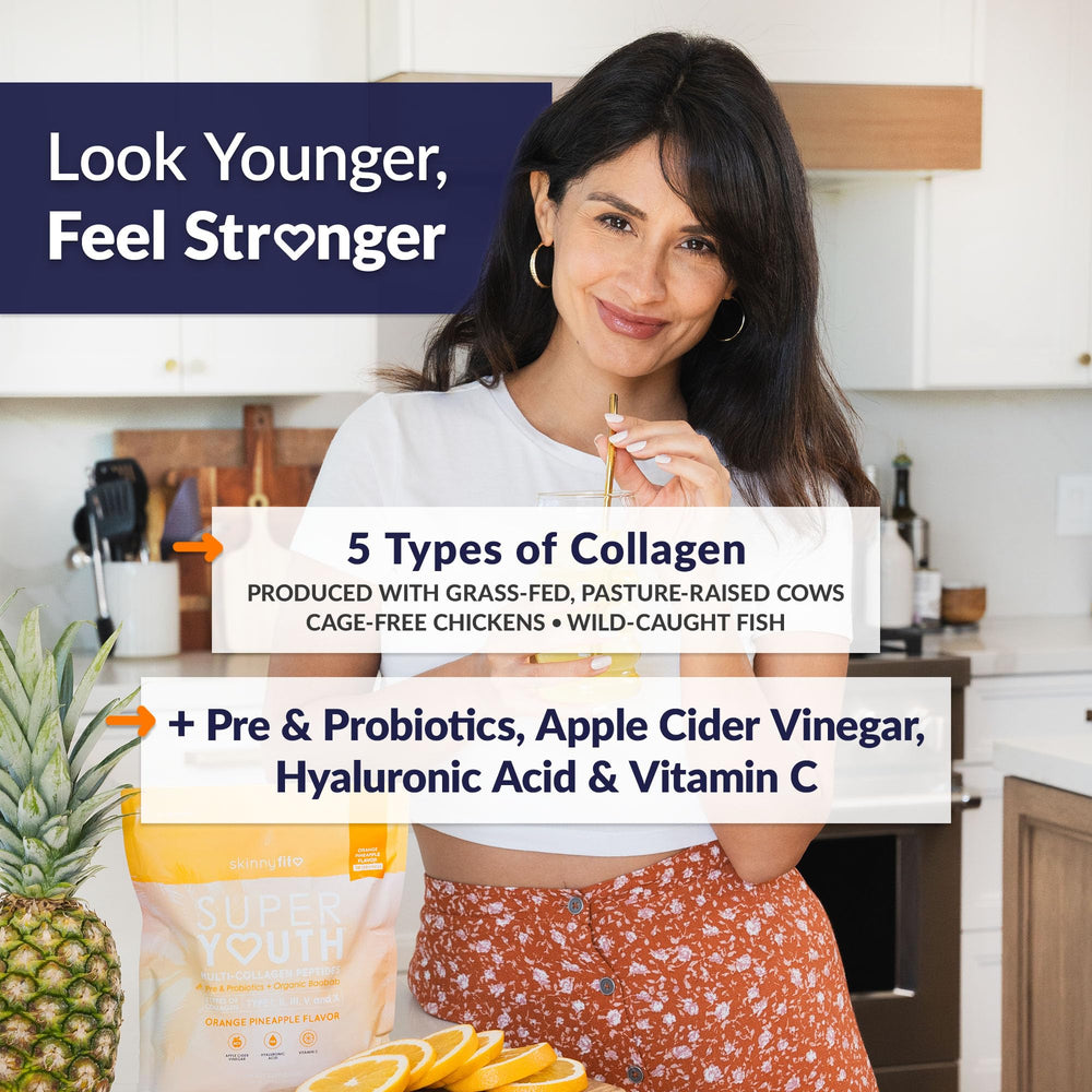 SkinnyFit Super Youth bottle label close-up highlighting collagen and probiotic ingredients