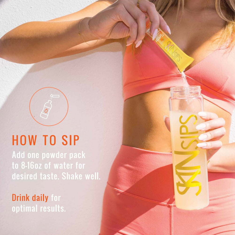 SkinSips mango drink glass shows ready-to-drink option for on-the-go energy.