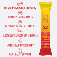 SkinSips Plus Electrolyte powder packets and bottle on desk