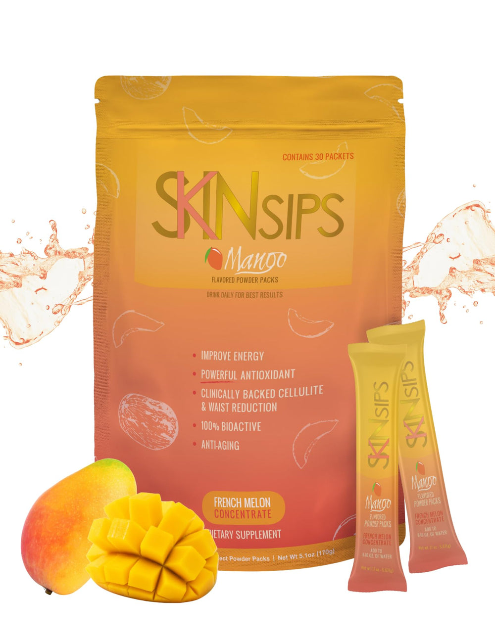 SkinSips skin health drink bottle pour showing a refreshing mango antioxidant boost for daily skin care.