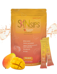 SkinSips skin health drink bottle pour showing a refreshing mango antioxidant boost for daily skin care.