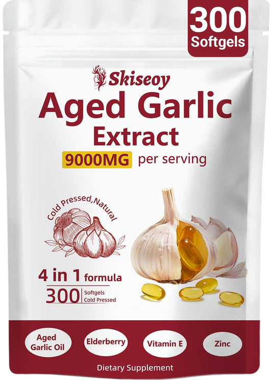 Skiseoy aged garlic extract bottle shows high-potency softgels for daily use