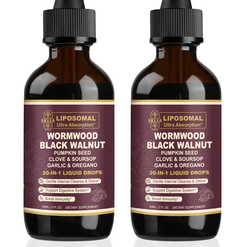 SKLIA 20-in-1 liposomal wormwood bottle drops shown for enhanced gut support.