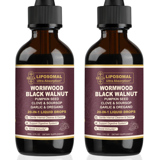 SKLIA 20-in-1 liposomal wormwood bottle drops shown for enhanced gut support.