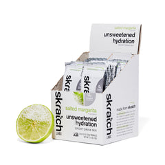 Skratch Labs Unsweetened Hydration packaging highlights real fruit electrolytes for everyday workouts.