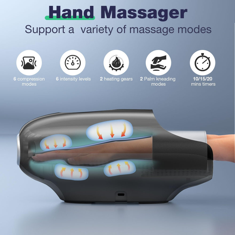 SKRFORM Hand Massager display showing six modes for personalized care.
