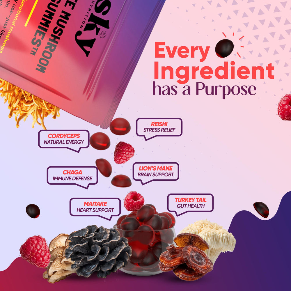Sky Nutrition Mushroom Gummies 60-count bottle shown for month-long supply