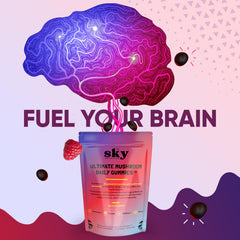 Sky Nutrition Mushroom Gummies blend illustration highlights Lion’s Mane and Cordyceps for focus