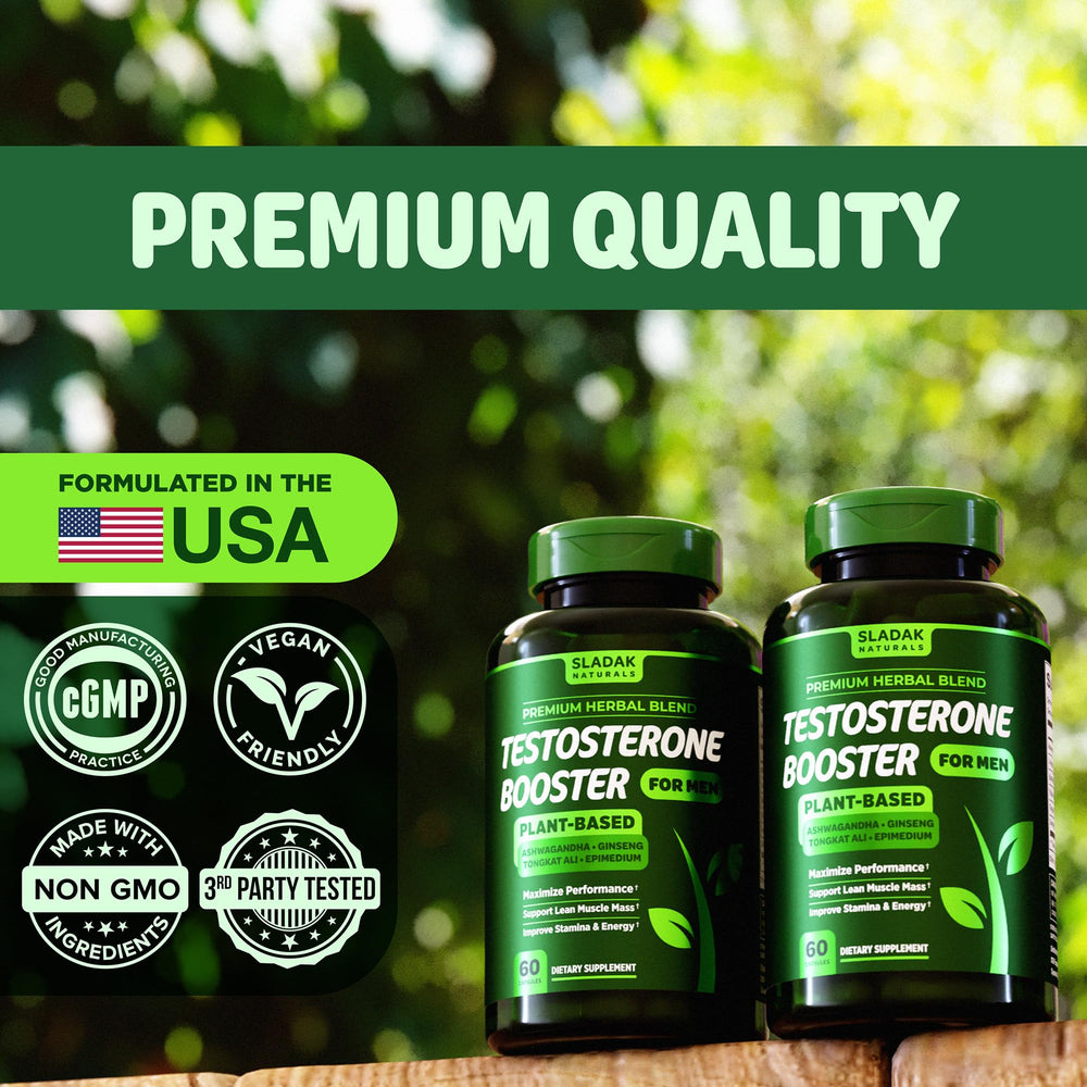 SLADAK NATURALS testosterone booster in gym setting suggesting enhanced workouts.