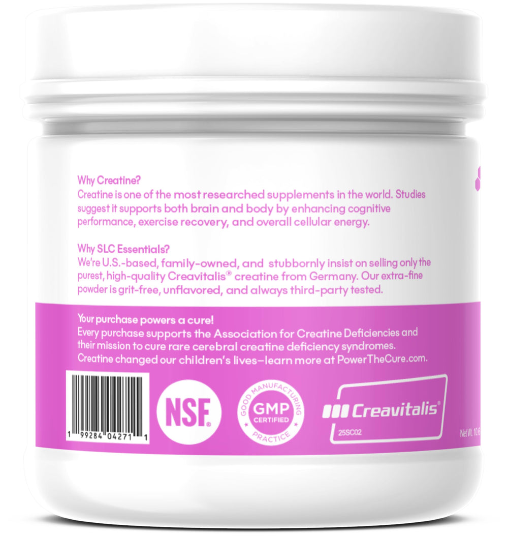 SLC Essentials Creatine Monohydrate in glass showing easy mixing without grit