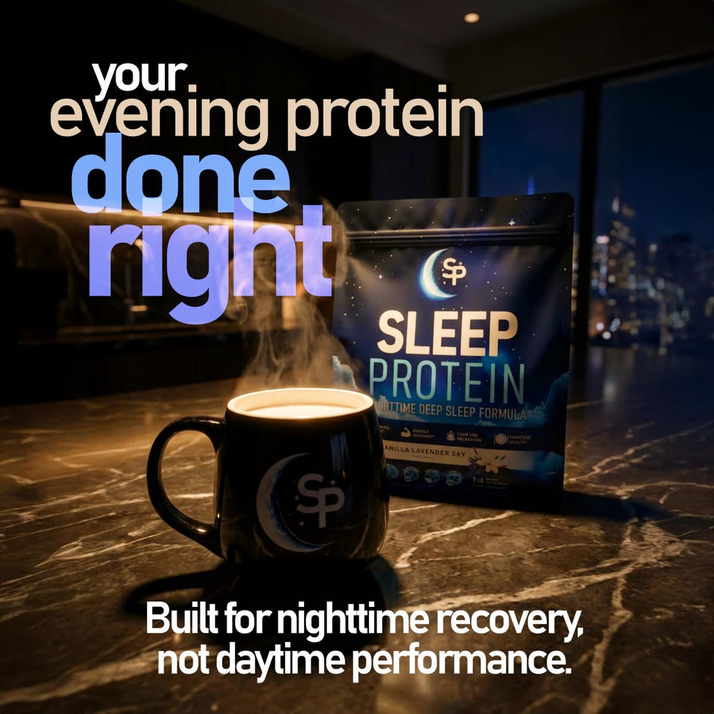 SleepProtein Shake bottle label detail highlights 20g casein and sleep nutrients