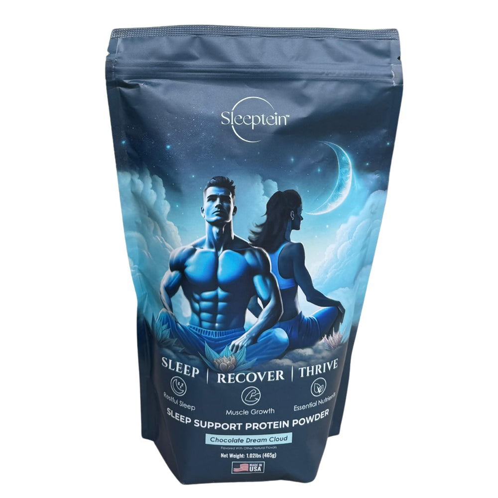 Sleeptein Sleep Support Protein Powder bottle on nightstand suggesting overnight recovery